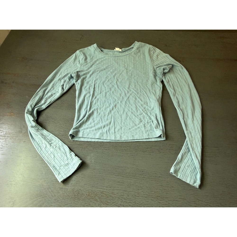 Garage Womens Ribbed Long Sleeve Crop Top Light Blue Crew Neck Size XS